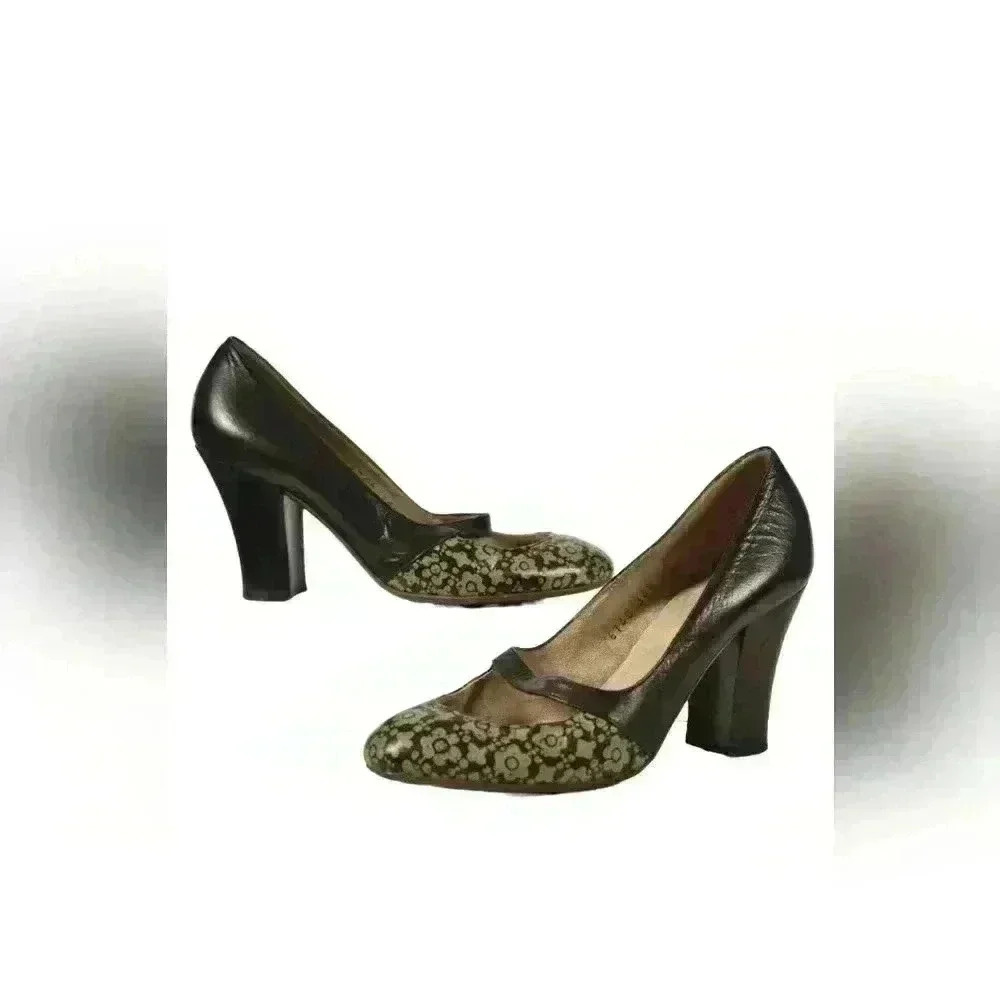 2000s DRIES VAN NOTEN Black Green Floral Mary Jane Block Heel Pumps  6.5US Italy